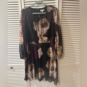 Calvin Klein Black Floral Long-Sleeve Chiffon Dress with Cream and Purple Blooms